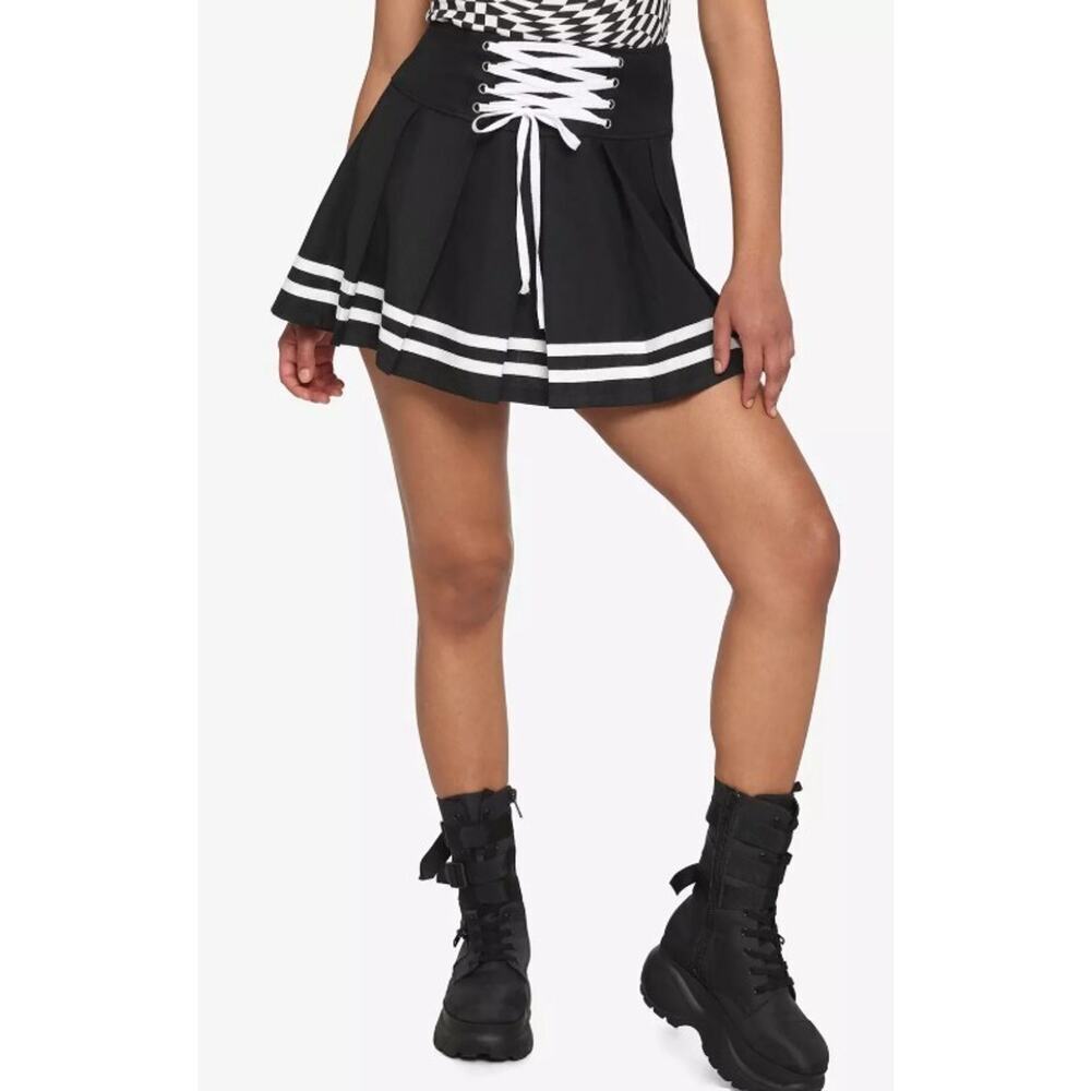Hot Topic S Skirt Black White Lace Up Skater Corset Waist Mini Pleated High Rise